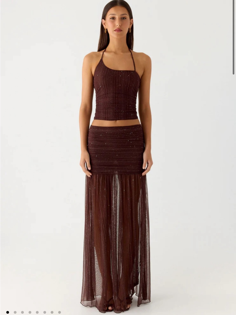 Peppermayo Brown Sheer Sparkle Maxi Skirt Set